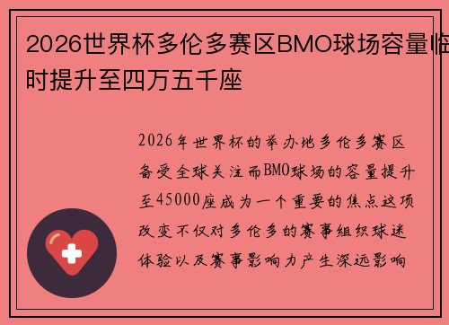 2026世界杯多伦多赛区BMO球场容量临时提升至四万五千座 2026世界杯多伦多赛区BMO球场容量临时提升至四万五千座